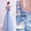 Fairytale Sky Blue Prom Dresses 2020 A-Line / Princess V-Neck Appliques Pearl Lace Flower Short Sleeve Backless Floor-Length / Long Formal Dresses