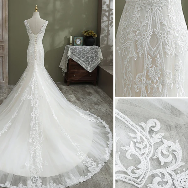 Charmant Ivory / Creme Meerjungfrau Brautkleider / Hochzeitskleider 2021 V-Ausschnitt Ärmellos Rückenfreies Spitze Blumen Hof-Schleppe Hochzeit