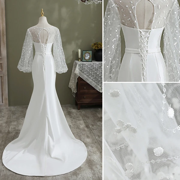 Mode Ivory / Creme Meerjungfrau Brautkleider / Hochzeitskleider 2021 Rundhalsausschnitt Pailletten Schleife Spitze Blumen Lange Ärmel Rückenfreies Sweep / Pinsel Zug Hochzeit