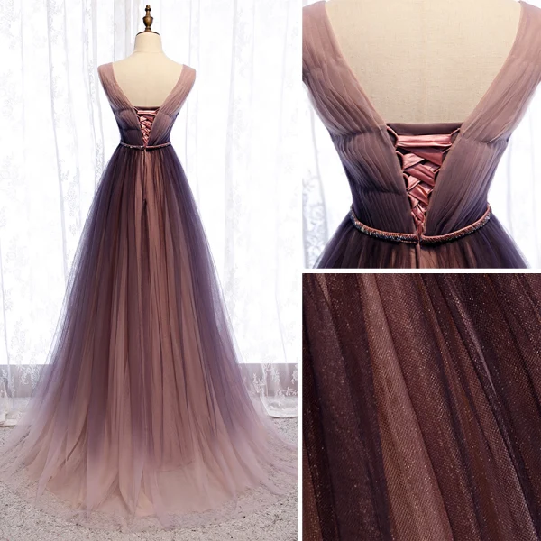 Chic / Beautiful Gradient-Color Purple Evening Dresses  2020 A-Line / Princess V-Neck Sash Sleeveless Backless Floor-Length / Long Formal Dresses