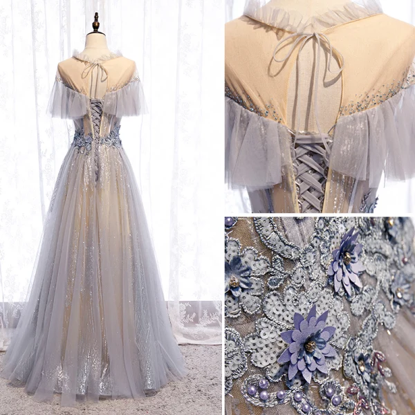 Charming Grey Prom Dresses 2020 A-Line / Princess Scoop Neck Beading Appliques Lace Flower Rhinestone Sequins Short Sleeve Backless Floor-Length / Long Formal Dresses