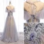Charming Grey Prom Dresses 2020 A-Line / Princess Scoop Neck Beading Appliques Lace Flower Rhinestone Sequins Short Sleeve Backless Floor-Length / Long Formal Dresses