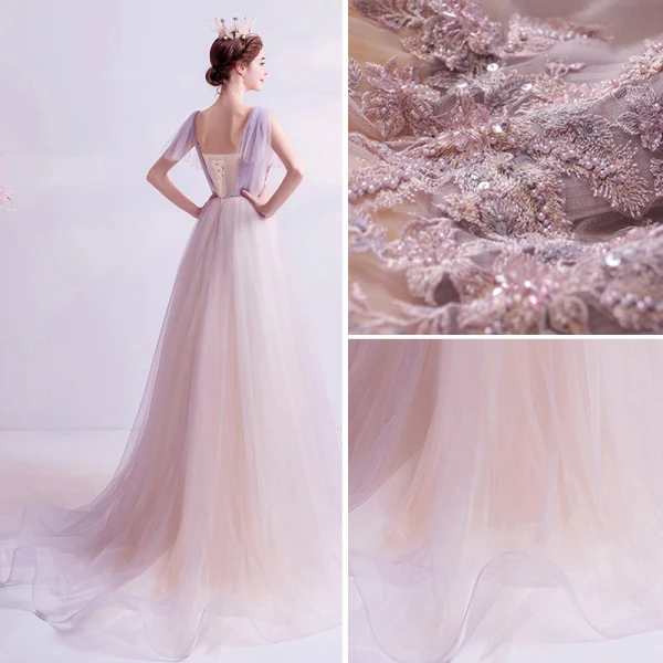 Elegant Purple Evening Dresses 2020 A-Line / Princess V-Neck Backless Pearl Crystal Sequins Lace Flower Short Sleeve Floor-Length / Long Formal Dresses