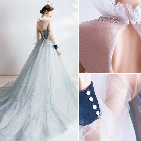 Vintage / Retro Flower Fairy Sky Blue Prom Dresses 2020 A-Line / Princess Ruffle High Neck Pearl Rhinestone Sequins Flower Lace Long Sleeve Backless Court Train Formal Dresses