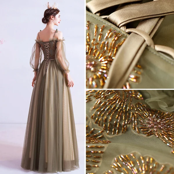 Vintage / Retro Clover Green Prom Dresses 2020 A-Line / Princess Spaghetti Straps Beading 3/4 Sleeve Backless Floor-Length / Long Formal Dresses