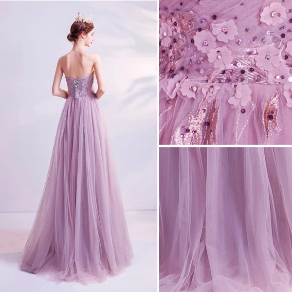 Charmant Lilas Robe De Soirée 2020 Princesse Bustier Perlage Paillettes Cristal Appliques En Dentelle Fleur Sans Manches Dos Nu Longue Robe De Ceremonie