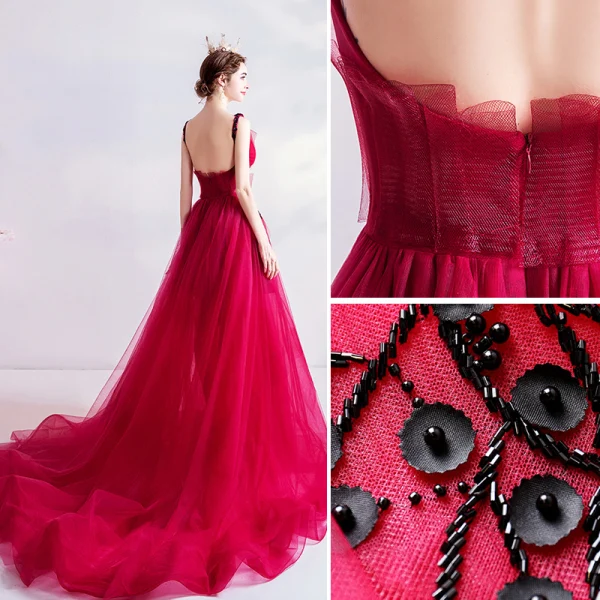Chic Rouge Robe De Soirée 2020 Princesse V-Cou Perlage Appliques Noeud Sans Manches Dos Nu Tribunal Train Robe De Ceremonie