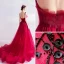 Chic Rouge Robe De Soirée 2020 Princesse V-Cou Perlage Appliques Noeud Sans Manches Dos Nu Tribunal Train Robe De Ceremonie