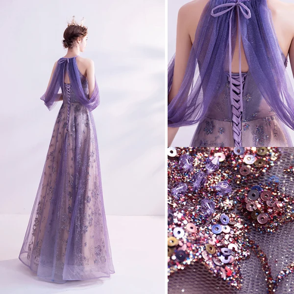 Charmant Lavande Robe De Soirée 2020 Princesse Encolure Dégagée Glitter Perlage Paillettes Cristal Sans Manches Dos Nu Longue Robe De Ceremonie