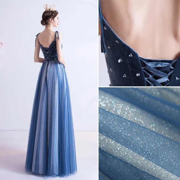 Chic / Belle Océan Bleu Robe De Soirée 2020 Princesse Bretelles Spaghetti Glitter Perlage Daim Sans Manches Dos Nu Longue Robe De Ceremonie