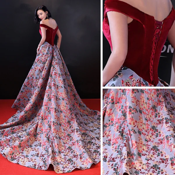 Chic / Belle Bordeaux Robe De Soirée 2018 Princesse Daim Impression De l'épaule Dos Nu Sans Manches Tribunal Train Robe De Ceremonie