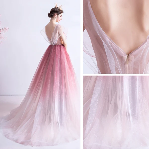 Fashion Candy Pink Gradient-Color Evening Dresses  2020 A-Line / Princess V-Neck Glitter Rhinestone Lace Flower Sleeveless Backless Sweep Train Formal Dresses