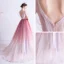 Fashion Candy Pink Gradient-Color Evening Dresses  2020 A-Line / Princess V-Neck Glitter Rhinestone Lace Flower Sleeveless Backless Sweep Train Formal Dresses