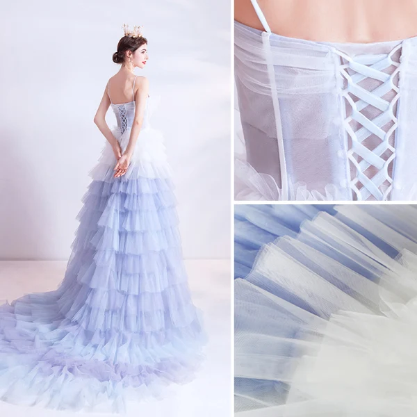 Mode Ivoire Bleu Ciel Dégradé De Couleur Robe De Bal 2020 Princesse Bretelles Spaghetti Sans Manches Dos Nu Volants en Cascade Tribunal Train Robe De Ceremonie