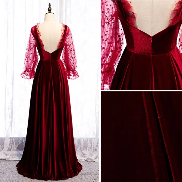 Eleganckie Burgund Sukienki Na Bal 2020 Princessa Kwadratowy Dekolt Spleciona Zamszowe Długie Rękawy Bez Pleców Długie Sukienki Wizytowe