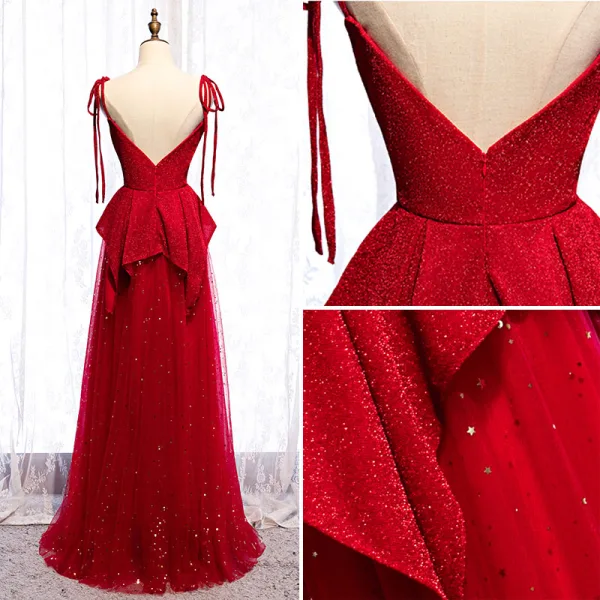 Elegancka Czerwone Sukienki Wieczorowe 2020 Princessa Spaghetti Pasy Cekinami Gwiazda Cekiny Bez Rękawów Bez Pleców Długie Sukienki Wizytowe