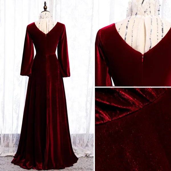 Elegant Burgundy Evening Dresses 2020 A-Line / Princess Suede High Neck Sequins Long Sleeve Floor-Length / Long Formal Dresses