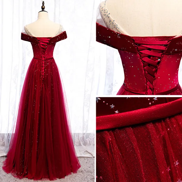 Chic / Belle Bordeaux Robe De Soirée 2020 Princesse Daim Encolure Dégagée Étoile Paillettes Faux Diamant Manches Courtes Dos Nu Longue Robe De Ceremonie