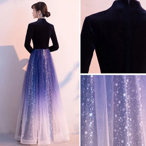Scintillantes Océan Bleu Dégradé De Couleur Ciel étoilé Robe De Soirée 2020 Princesse Style Chinois Daim V-Cou Étoile Paillettes Manches Longues Longue Robe De Ceremonie