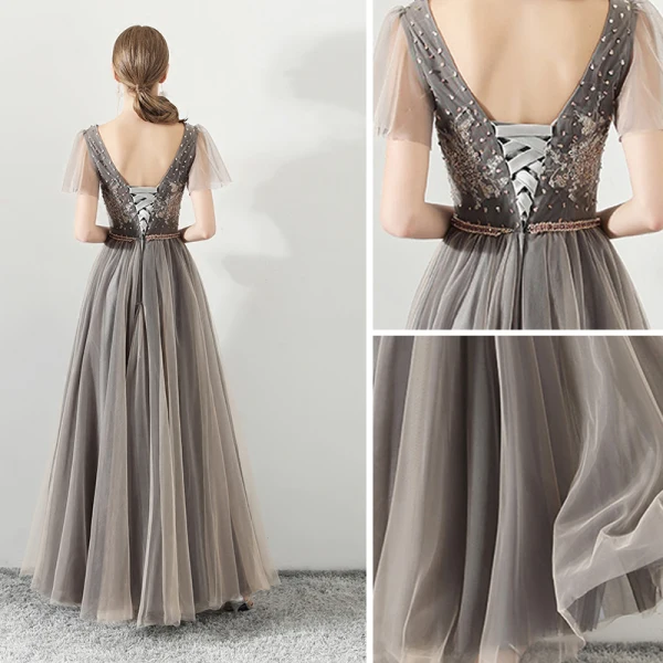 Modern / Fashion Champagne Black Evening Dresses 2018 A-Line / Princess Beading Sequins Lace Embroidered V-Neck Backless Short Sleeve Floor-Length / Long Formal Dresses