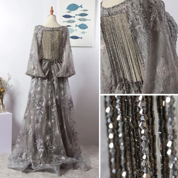Luxe Gris Fait main Perlage Robe De Soirée 2020 Princesse Col v profond Cristal Faux Diamant En Dentelle Fleur Manches Longues Train De Balayage Robe De Ceremonie