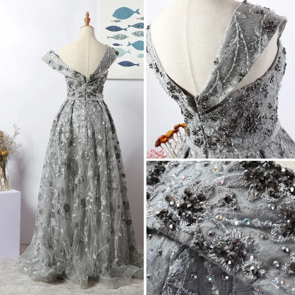 Luxury / Gorgeous Charming Grey Evening Dresses 2020 A-Line / Princess V-Neck Handmade Beading Crystal Rhinestone Lace Flower Sleeveless Backless Floor-Length / Long Formal Dresses