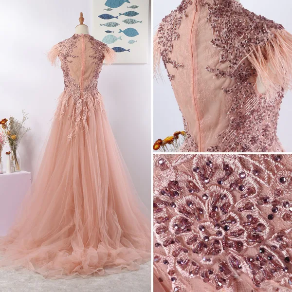 Luxury / Gorgeous Pearl Pink Evening Dresses 2020 A-Line / Princess U-Neck Tassel Handmade Beading Rhinestone Lace Flower Sleeveless Sweep Train Formal Dresses