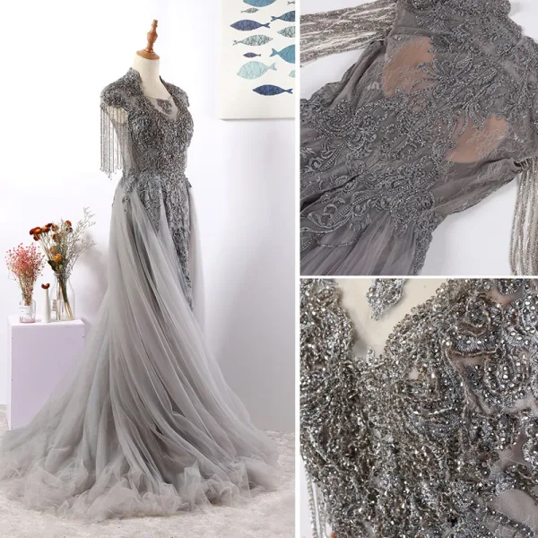 Luxe Élégant Beige Fait main Robe De Soirée 2020 Princesse U-Cou Perlage Gland Cristal Faux Diamant En Dentelle Fleur Sans Manches Dos Nu Train De Balayage Robe De Ceremonie