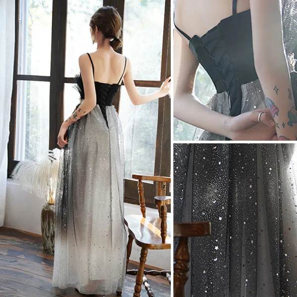 Mode Noire Robe De Soirée 2020 Princesse Bretelles Spaghetti Étoile Paillettes Faux Diamant En Dentelle Fleur Sans Manches Dos Nu Longue Robe De Ceremonie
