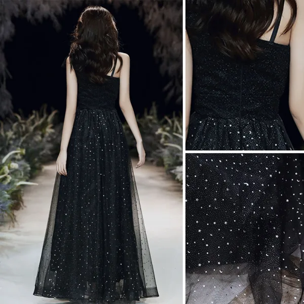 Fashion Black Evening Dresses 2020 A-Line / Princess One-Shoulder Star Sequins Sleeveless Backless Floor-Length / Long Formal Dresses