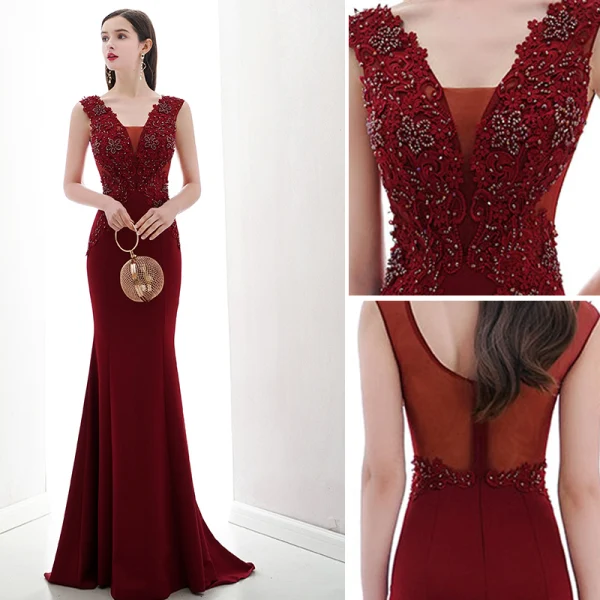 Chic / Beautiful Burgundy Evening Dresses  2020 Trumpet / Mermaid V-Neck Beading Rhinestone Lace Flower Sleeveless Backless Sweep Train Formal Dresses