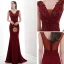 Chic / Beautiful Burgundy Evening Dresses  2020 Trumpet / Mermaid V-Neck Beading Rhinestone Lace Flower Sleeveless Backless Sweep Train Formal Dresses