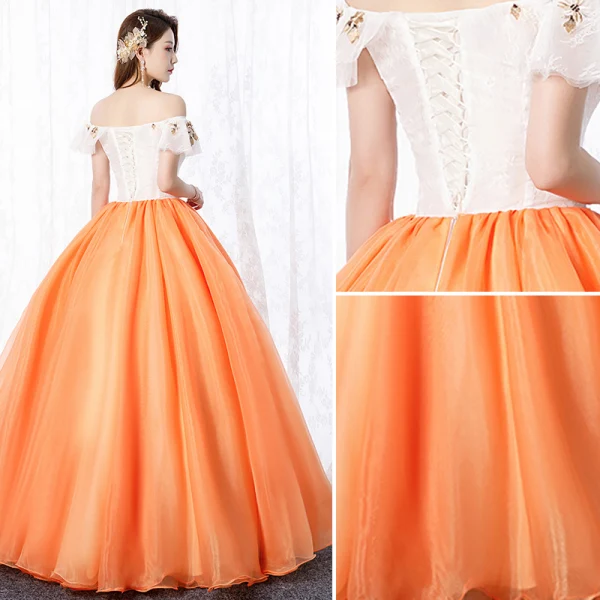 Elegant Orange Prom Dresses 2020 A-Line / Princess Off-The-Shoulder Lace Flower Short Sleeve Backless Floor-Length / Long Formal Dresses