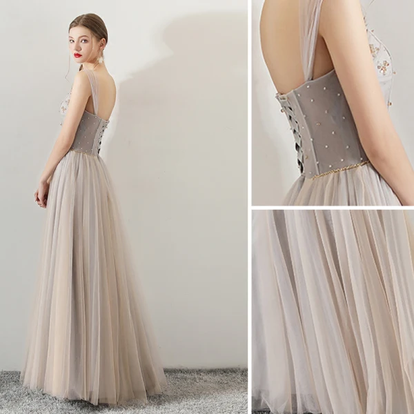 Élégant Champagne Robe De Soirée 2018 Princesse Perlage Cristal De l'épaule Dos Nu Sans Manches Longue Robe De Ceremonie