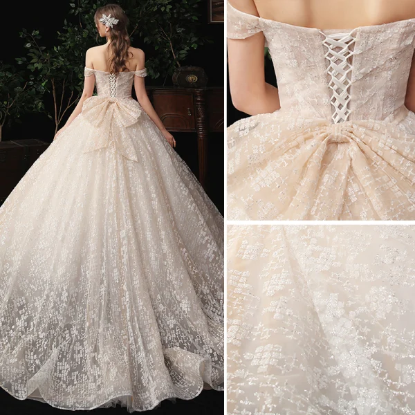 Charming Champagne Wedding Dresses 2020 A-Line / Princess Off-The-Shoulder Beading Bow Pearl Sequins Lace Flower Sleeveless Backless Court Train