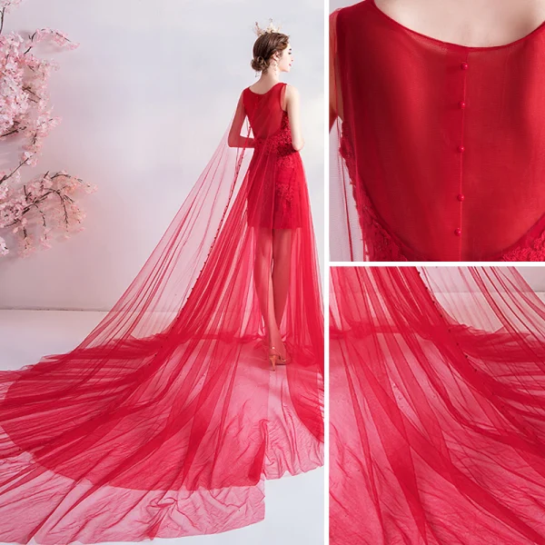 Charming Red Evening Dresses 2020 A-Line / Princess Scoop Neck Beading Sequins Lace Flower Sleeveless Cathedral Train Formal Dresses