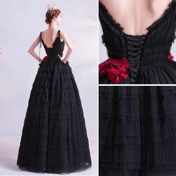 Chic Noire Volants Robe De Bal 2020 Princesse Bretelles Spaghetti Appliques Sans Manches Dos Nu Longue Robe De Ceremonie