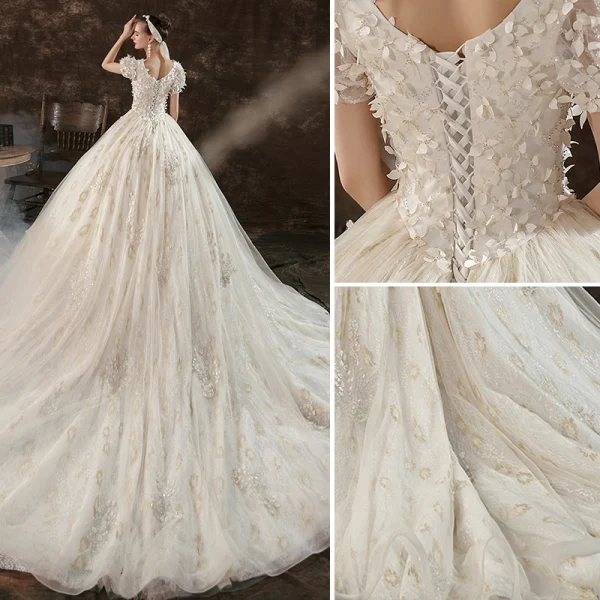 Elegante Champagner Ballkleid Brautkleider / Hochzeitskleider 2020 Eckiger Ausschnitt Perlenstickerei Pailletten Applikationen Kurze Ärmel Rückenfreies Kathedrale Schleppe