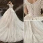 Elegante Champagner Ballkleid Brautkleider / Hochzeitskleider 2020 Eckiger Ausschnitt Perlenstickerei Pailletten Applikationen Kurze Ärmel Rückenfreies Kathedrale Schleppe