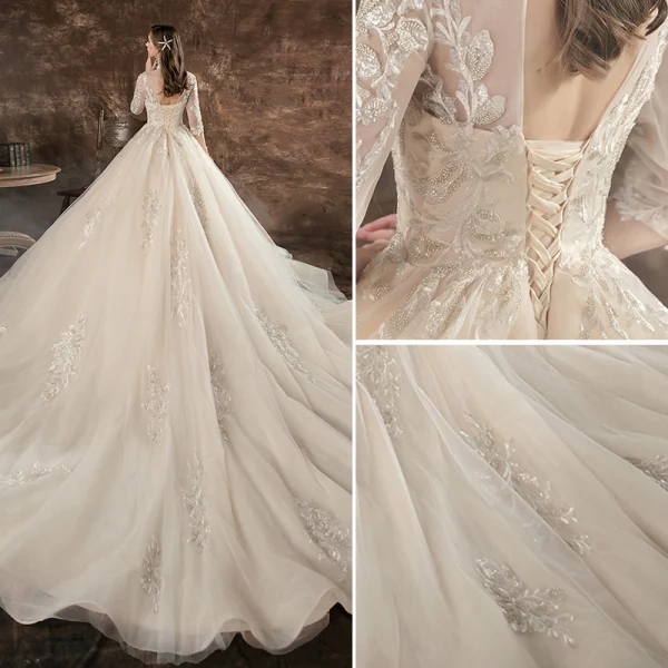 Charmant Champagne Robe De Mariée 2020 Princesse Encolure Dégagée Perlage Paillettes En Dentelle Fleur 3/4 Manches Dos Nu Cathedral Train