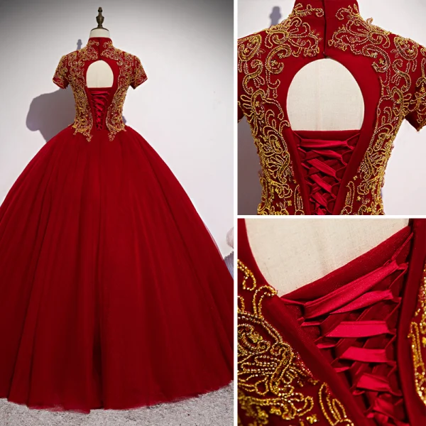 Elegant Burgundy Prom Dresses 2020 Ball Gown High Neck Beading Sequins Short Sleeve Backless Floor-Length / Long Formal Dresses