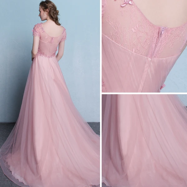 Chic / Beautiful Pearl Pink Evening Dresses 2018 A-Line / Princess Appliques Lace Flower Sequins Pearl Scoop Neck Backless Short Sleeve Chapel Train Formal Dresses