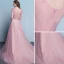 Chic / Beautiful Pearl Pink Evening Dresses  2018 A-Line / Princess Appliques Lace Flower Sequins Pearl Scoop Neck Backless Short Sleeve Chapel Train Formal Dresses
