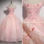 Chic / Beautiful Blushing Pink Prom Dresses 2020 Ball Gown Off-The-Shoulder Beading Pearl Appliques Lace Flower Short Sleeve Backless Floor-Length / Long Formal Dresses