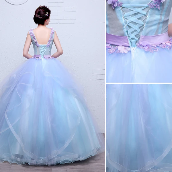 Charming Flower Fairy Sky Blue Prom Dresses 2020 Ball Gown V-Neck Pearl Lace Flower Appliques Sleeveless Backless Cascading Ruffles Floor-Length / Long