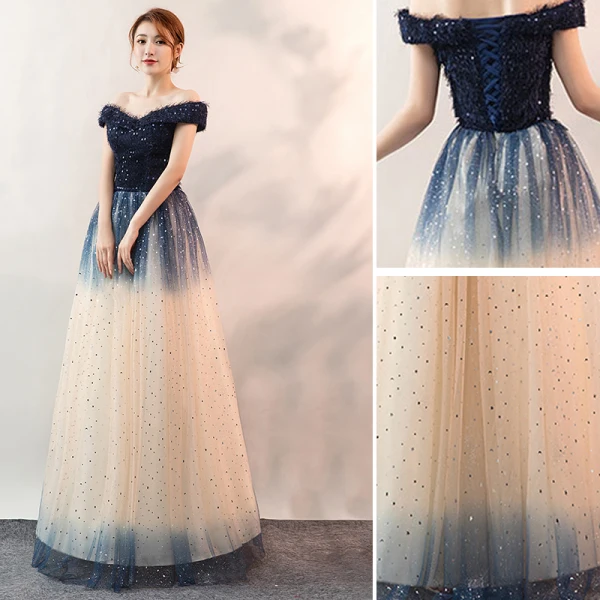 Fashion Gradient-Color Navy Blue Evening Dresses 2020 A-Line / Princess Off-The-Shoulder Lace Sequins Sleeveless Backless Floor-Length / Long Formal Dresses