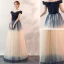 Fashion Gradient-Color Navy Blue Evening Dresses  2020 A-Line / Princess Off-The-Shoulder Lace Sequins Sleeveless Backless Floor-Length / Long Formal Dresses