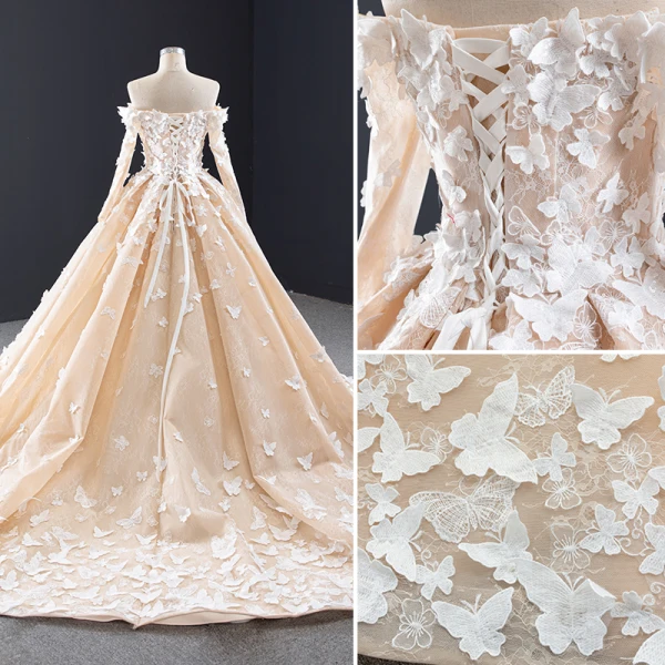Luxury / Gorgeous Champagne Lace Butterfly Wedding Dresses 2020 A-Line / Princess Off-The-Shoulder Long Sleeve Backless Chapel Train