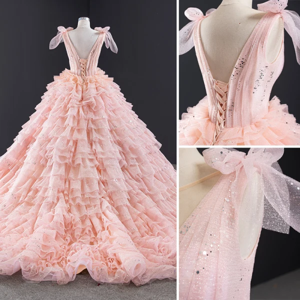 Luxury / Gorgeous Lovely Candy Pink Sequins Wedding Dresses 2023 Ball Gown Scoop Neck Sleeveless Backless Cascading Ruffles Chapel Train