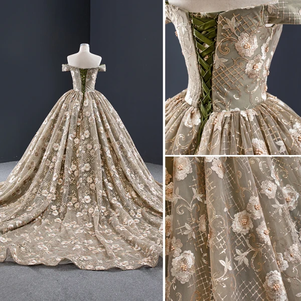 High-end Khaki Prom Dresses 2023 Ball Gown Off-The-Shoulder Handmade Beading Pearl Sequins Lace Flower Sleeveless Backless Royal Train